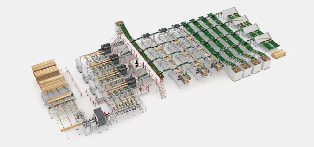 System TM line with MiCROTEC scanner and four optimising cross-cut saws